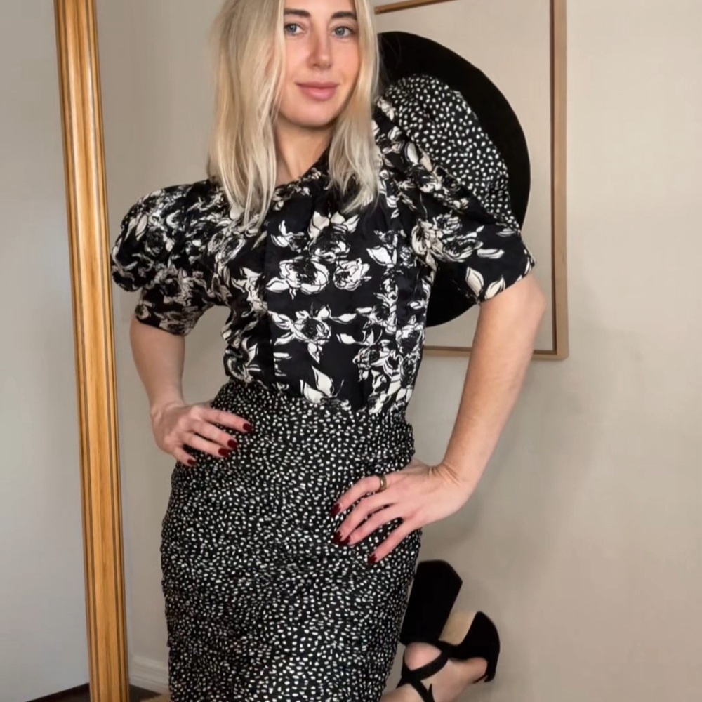Vintage Silk Black and White Floral Blouse and Skirt Set With Strong Shoulders